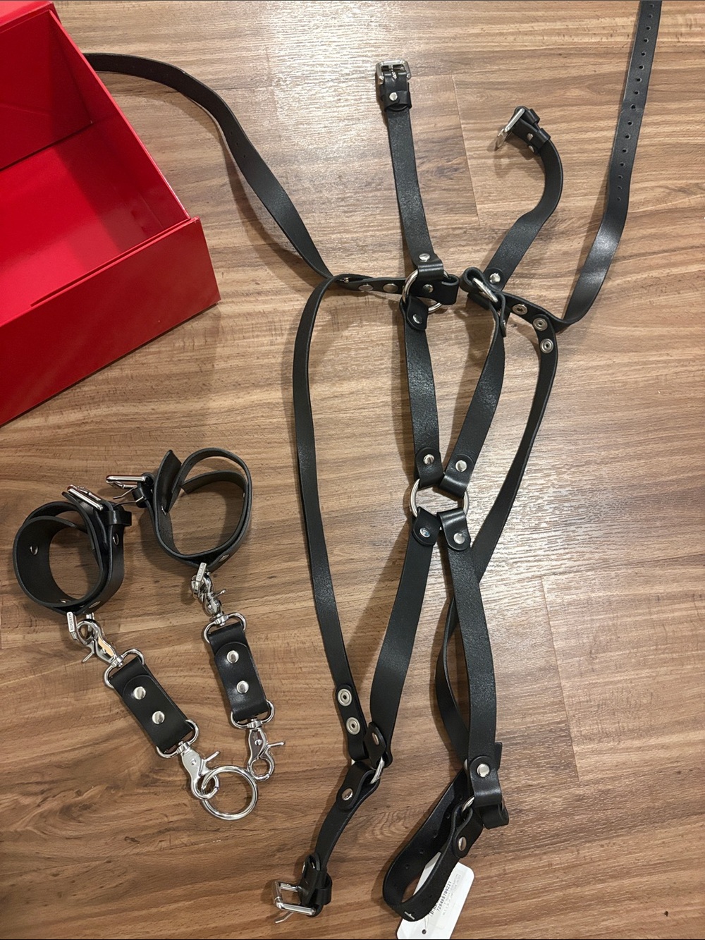 Mariemur black leather garter and two cuffs